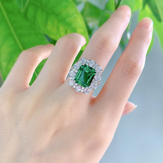Women's Sterling Silver Temperamental Emerald Cut Inlaid High Carbon Rhinestone Ring