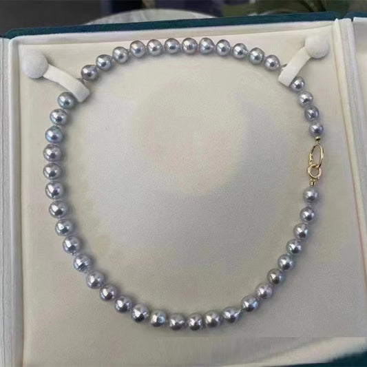 8-9MM Baroque Silver Blue Gray Aurora Sea Pearls Necklace